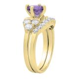 14K Yellow Gold 6.5 MM Round Amethyst & White Diamond Ladies Bridal Engagement Ring Set