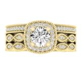 0.85 Carat (ctw) 10K Yellow Gold Round White Diamond Ladies Engagement Ring With Double Band Set