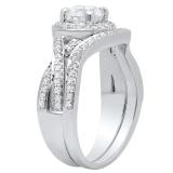 10K White Gold Round White Cubic Zirconia Bridal Swirl Split Shank Ring Set