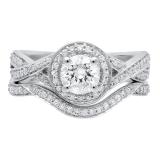18K White Gold Round White Cubic Zirconia Bridal Swirl Split Shank Ring Set