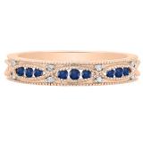 10K Rose Gold Round Blue Sapphire & White Diamond Ladies Vintage Stackable Wedding Band