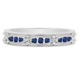 10K White Gold Round Blue Sapphire & White Diamond Ladies Vintage Stackable Wedding Band