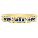 10K Yellow Gold Round Blue Sapphire & White Diamond Ladies Vintage Stackable Wedding Band