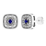 Sterling Silver 1.7 MM Round Blue Sapphire & White Diamond Ladies Square Frame Halo Stud Earrings