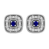 Sterling Silver 1.7 MM Round Blue Sapphire & White Diamond Ladies Square Frame Halo Stud Earrings
