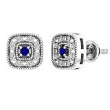 Sterling Silver 1.7 MM Round Blue Sapphire & White Diamond Ladies Square Frame Halo Stud Earrings
