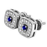 Sterling Silver 1.7 MM Round Blue Sapphire & White Diamond Ladies Square Frame Halo Stud Earrings