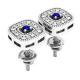 Sterling Silver 1.7 MM Round Blue Sapphire & White Diamond Ladies Square Frame Halo Stud Earrings