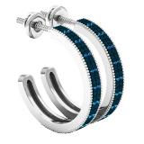 0.10 Carat (ctw) Sterling Silver Round Blue Diamond Ladies Huggies Hoop Earrings 1/10 CT