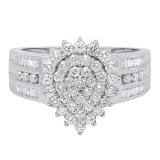 0.85 Carat (ctw) 10K White Gold Round & Baguette White Diamond Ladies Engagement Ring