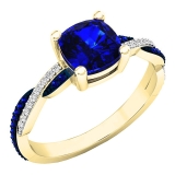 14K Yellow Gold 6 MM Cushion & Round Blue Sapphire & Diamond Ladies Swirl Engagement Ring