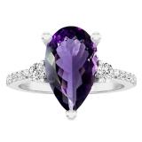 18K White Gold 14X8.5 MM Pear Amethyst & Round Diamond Ladies Bridal Engagement Ring