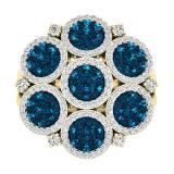 1.30 Carat (ctw) 10K Yellow Gold Round Blue & White Diamond Ladies Cluster Flower Ring