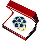 1.30 Carat (ctw) 10K Yellow Gold Round Blue & White Diamond Ladies Cluster Flower Ring