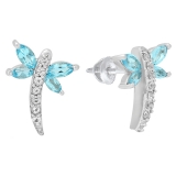 Sterling Silver Marquise & Round Blue & White Topaz Ladies Dragonfly Stud Earrings