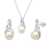 Sterling Silver Round Freshwater Pearl & Diamond Accent Ladies Stud Earring & Pendant Set