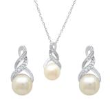 Sterling Silver Round Freshwater Pearl & Diamond Accent Ladies Stud Earring & Pendant Set
