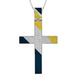 1.85 Carat (ctw) Sterling Silver BlueWhite & Yellow Diamond Mens Hip Hop Religious Cross Pendant