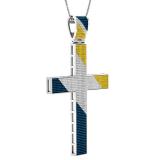 1.85 Carat (ctw) Sterling Silver BlueWhite & Yellow Diamond Mens Hip Hop Religious Cross Pendant