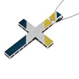 1.85 Carat (ctw) Sterling Silver BlueWhite & Yellow Diamond Mens Hip Hop Religious Cross Pendant