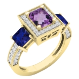 10K Yellow Gold 6X5 MM Cushion Amethyst & Princess Blue Sapphire & Round Diamond 3 Stone Ring