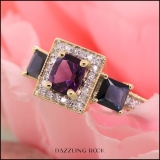 10K Yellow Gold 6X5 MM Cushion Amethyst & Princess Blue Sapphire & Round Diamond 3 Stone Ring