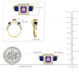 10K Yellow Gold 6X5 MM Cushion Amethyst & Princess Blue Sapphire & Round Diamond 3 Stone Ring