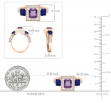 14K Rose Gold 6X5 MM Cushion Amethyst & Princess Blue Sapphire & Round Diamond 3 Stone Ring