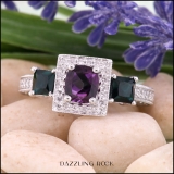 18K White Gold 6X5 MM Cushion Amethyst & Princess Blue Sapphire & Round Diamond 3 Stone Ring