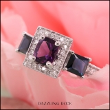 18K White Gold 6X5 MM Cushion Amethyst & Princess Blue Sapphire & Round Diamond 3 Stone Ring