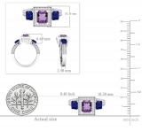 18K White Gold 6X5 MM Cushion Amethyst & Princess Blue Sapphire & Round Diamond 3 Stone Ring