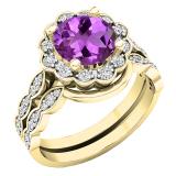 14K Yellow Gold 7.5 MM Round Amethyst & Round White Diamond Ladies Engagement Ring Set