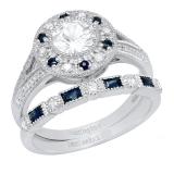 10K White Gold 6 MM Round White SapphireRound & Baguette Blue Sapphire & Diamond Ladies Ring Set