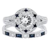 10K White Gold 6 MM Round White SapphireRound & Baguette Blue Sapphire & Diamond Ladies Ring Set