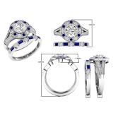 10K White Gold 6 MM Round White SapphireRound & Baguette Blue Sapphire & Diamond Ladies Ring Set