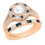 18K Rose Gold 6 MM Round White SapphireRound & Baguette Blue Sapphire & Diamond Ladies Ring Set