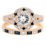 18K Rose Gold 6 MM Round White SapphireRound & Baguette Blue Sapphire & Diamond Ladies Ring Set