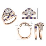 18K Rose Gold 6 MM Round White SapphireRound & Baguette Blue Sapphire & Diamond Ladies Ring Set