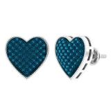 0.55 Carat (ctw) Sterling Silver Round Blue Diamond Ladies Heart Shape Stud Earrings 1/2 CT