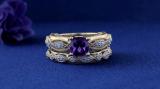 14K Yellow Gold 7 MM Cushion Amethyst Round Black & White Diamond Ladies Engagement Ring Set