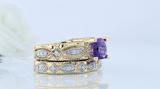 14K Yellow Gold 7 MM Cushion Amethyst Round Black & White Diamond Ladies Engagement Ring Set