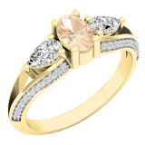 10K Yellow Gold 6X4 MM Oval Morganite Pear White Sapphire & Round Diamond Ladies 3 Stone Ring
