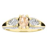 10K Yellow Gold 6X4 MM Oval Morganite Pear White Sapphire & Round Diamond Ladies 3 Stone Ring