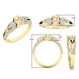 10K Yellow Gold 6X4 MM Oval Morganite Pear White Sapphire & Round Diamond Ladies 3 Stone Ring