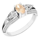 18K White Gold 6X4 MM Oval Morganite Pear White Sapphire & Round Diamond Ladies 3 Stone Ring