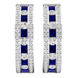 10K White Gold Princess Blue Sapphire & Round White Diamond Ladies Fashion Hoop Earrings