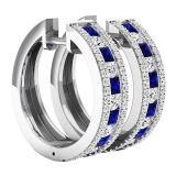 10K White Gold Princess Blue Sapphire & Round White Diamond Ladies Fashion Hoop Earrings