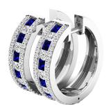 10K White Gold Princess Blue Sapphire & Round White Diamond Ladies Fashion Hoop Earrings