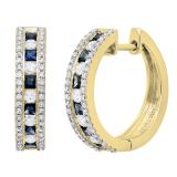 18K Yellow Gold Princess Blue Sapphire & Round White Diamond Ladies Fashion Hoop Earrings
