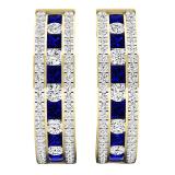 18K Yellow Gold Princess Blue Sapphire & Round White Diamond Ladies Fashion Hoop Earrings